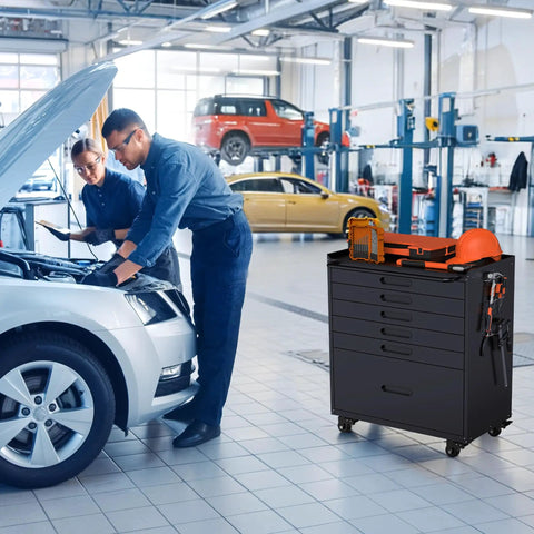 Built Tough 30 Inch Multi Drawer Steel Tool Cabinet With Lockable Roll Around Casters And Heavy Duty Push Handle Shop Grade Garage Storage Workbench Kit in a garage.