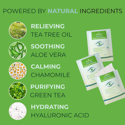 NOVEHA Tea Tree Oil Eyelid Cleansing Wipes, three individually wrapped sachets with hyaluronic acid