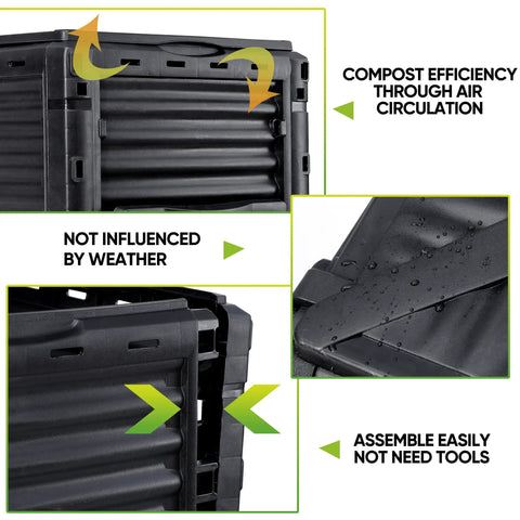 80 Gallon Garden Compost Bin Made From BPA Free Material showing black panels, air circulation design, and weather resistance features.