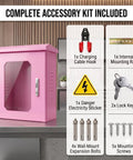 Complete accessory kit with charging cable hook, lock keys, and wall-mount bolts for Heavy Duty Galvanized Steel EV Charger Protection Housing Box.
