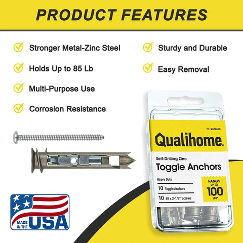 Packaging and contents of Self-Drilling Drywall Anchors And Screws Kit With Toggle Anchors And Zinc Plated Screws for mounting decor.
