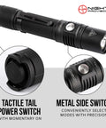TX11 Tactical Flashlight With Duty Belt Holster, 1600 Lumen LED focus on power and mode switches.