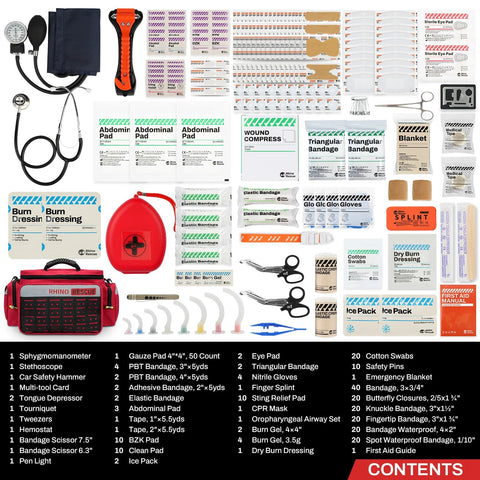 Rhino Rescue First Aid Kit, red EMT bag with MOLLE system, 300+ supplies
