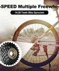 7 Speed Freewheel 14-28T Screw-On For Mountain And Folding Bikes shown with rear bike wheel and sprocket detail