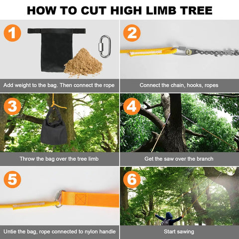 Step-by-step guide for using 55 Inch High Limb Rope Saw With Dual Ropes And 70 Teeth On Both Sides Folding Pocket Chain Saw for cutting trees.