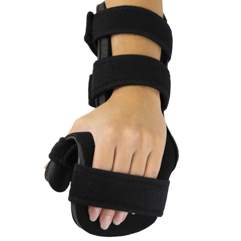 Right Hand Soft Resting Stroke Hand Splint With Adjustable Straps For Flexion Contractures in use on a person's hand.