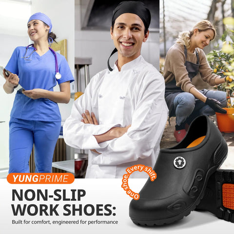 Solid Kickass Non Slip Work Clogs For Men And Women Slick Floor Proof Kitchen Nurse Gear, showing versatile use by professionals.