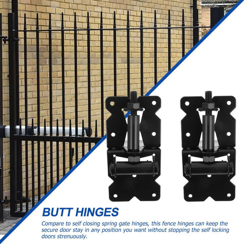 Two Pack Heavy Duty Gate Hinges Built Tough Rock Solid Heavy Lifters With Rust Resistant Stainless Steel For Barn Doors Fence Gates Sliding Gates Smooth As Butter Operation displayed on a gate.