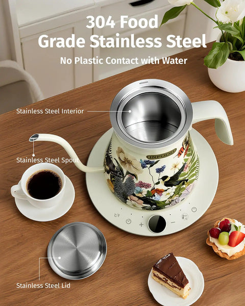 Floral-painted 0.8L Gooseneck Electric Kettle With Precise Temperature Control, stainless steel body, on kitchen countertop next to cup.