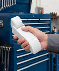 Person holding Two Pack White Iron Freezer Door Hinges With Spring Replacement for Chest Freezers and Upright Fridges, Easy Install, Tight Seal In Cold Temps, Durable and Low Temp Ready.