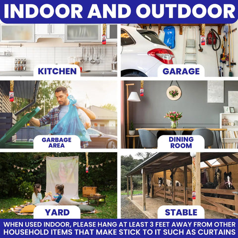 Heavy Duty Indoor Fly Strips With Stainless Hanging Hooks, Odor Free Sticky Bug Tape For Fruit Gnats And Houseflies, Nontoxic Pest Control Ribbon That Snags Hard in kitchen, garage, dining room, garbage area, yard, stable.