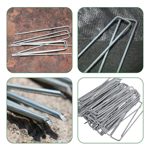Heavy Duty 6 Inch Landscape Staples 25 Pack, 11 Gauge Galvanized U Shaped Pins for sod anchoring, landscape fabric close-up