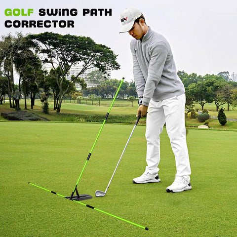 Man using Golf Alignment Stick Trainer With Adjustable Swing Plane Guide For Indoor And Outdoor Practice Pro Grade Visual Swing Cues