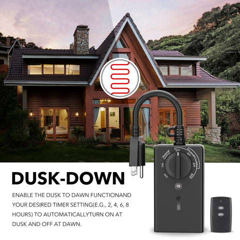 No Sweat Weatherproof Outdoor Timer Outlet With Photo Sensor And Dual Grounded Plugs For Auto Dusk Activation Of Yard Lights showing timer next to house.