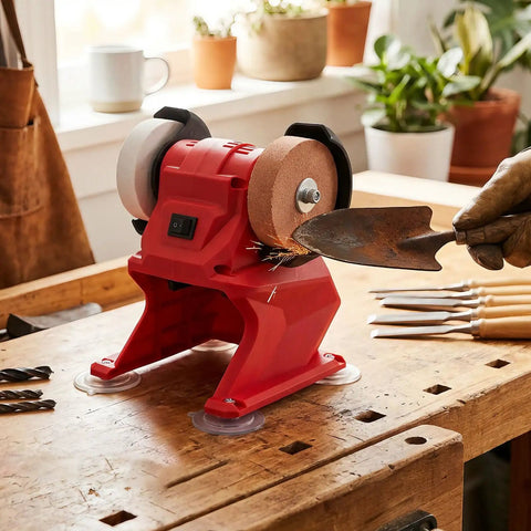 Heavy Duty Badass Mini Bench Grinder Featuring Dual 70 Mm Wheels Kicking Out 5500 Rpm For Rad Metal Shaping And Deburring Using Any 18V Battery Pack For Your Workshop in use on workbench.