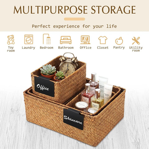 Top Shelf Seagrass Basket Set Features Six Dang Good Pantry Organizers With Snazzy Pre Printed Labels For A Spotless Home Makeover Across Closets Counters And Mudrooms Anywhere, displaying small bins for office and skincare organization.