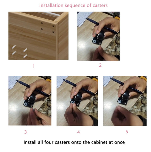 Installation sequence of casters for the Seven Tier Narrow Rolling Cart With Slick Casters Fits Snug In Tight Kitchen Corners.