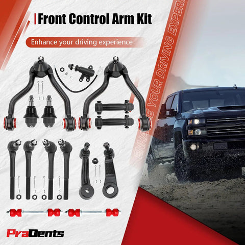 Road Ready 15 Piece Front End Suspension Kit With Plush Polyurethane Bushings And Stamped Steel Control Arms Including Lower Ball Joints For 1995 To 1999 Chevy GMC Tahoe Yukon displayed with components and vehicle background.