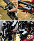 Collage of Four Piston Hydraulic Mountain Bike Brake Set Front 850mm and Rear 1600mm with detailed lever and caliper views.
