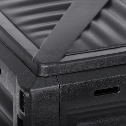 Close-up of black 80 Gallon Garden Compost Bin Made From BPA Free Material, highlighting lid and aeration slots for fast fertile soil creation.