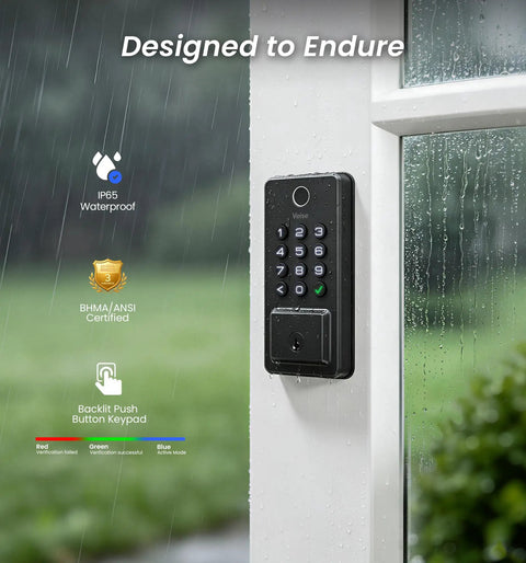 Sick Matte Black Wifi Smart Fingerprint Deadbolt Front Door Lock Built In Wifi Enables Hassle Free App Control and Security Checks without a Hub mounted on a door with rain.