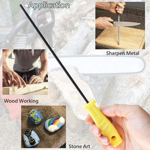 Hand holding a round file with a yellow plastic handle, near images showing its use in sharpening metal, woodworking, and stone art.