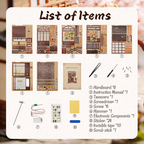 List of items included in DIY Book Nook Kit Sakura Tea Pavilion 3D Wooden Puzzle Japanese Miniature House Kit For Adults And Beginners