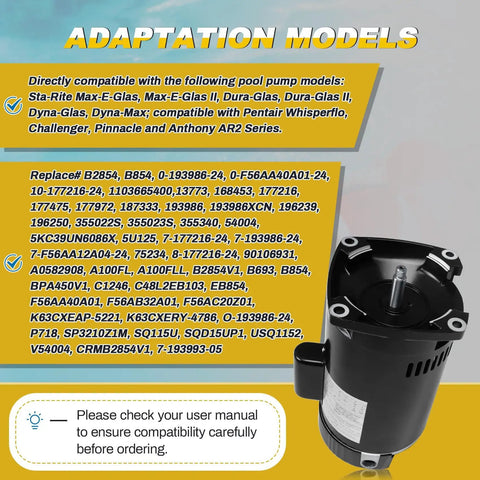 Beefy 1.5 HP Pool Pump Motor Single Speed Square Flange Direct Replacement fits various StaRite and Pentair models.