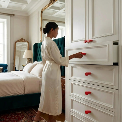 Woman in robe using Hella Sleek Oval Cabinet Knobs Made From Solid Aluminum With A Top Shelf Matte Red Finish.