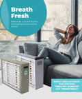 Woman relaxing on couch with High Performance MERV 11 Air Filter For HVAC AC Furnace 20x25x4, 2 Pack With Cleaning Cloth displayed.