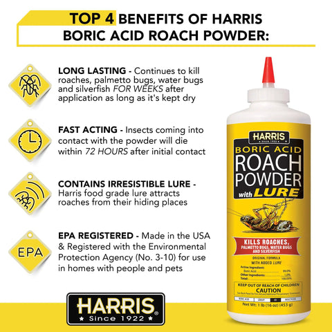 Heavy Duty Boric Acid Roach And Silverfish Killer Dust With Irresistible Lure For Fast Acting Bug Nuking And Long Lasting Puffer Bottle Pest Control Kit 16 Oz, featuring benefits of use.