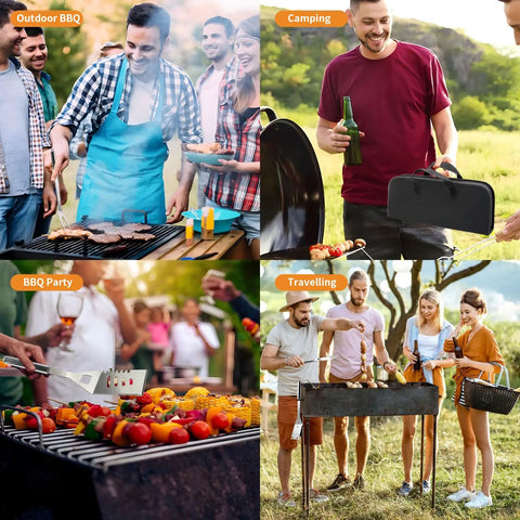 Groups enjoying outdoor BBQ, camping, and traveling with 11 Piece Stainless Steel BBQ Tool Set With Storage Bag For Outdoor Grilling Camping And Backyard Use Dad Gifts For Fathers Day Includes Tongs Spatula Fork Knife Skewers Brush And Grill Cleaning Brush.