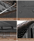 Close-up of wicker outdoor storage bench with gas strut, waterproof liner, zippers, and loop fasteners for patio use.
