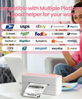 Bluetooth Thermal Label Printer For 4x6 Shipping Labels, Wireless, Small Biz Ready, Pink Color, on desk near woman using laptop