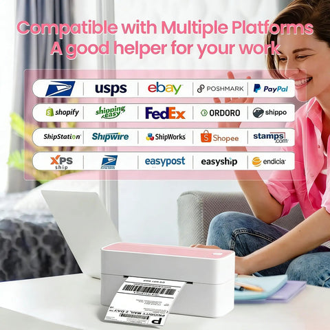 Bluetooth Thermal Label Printer For 4x6 Shipping Labels, Wireless, Small Biz Ready, Pink Color, on desk near woman using laptop