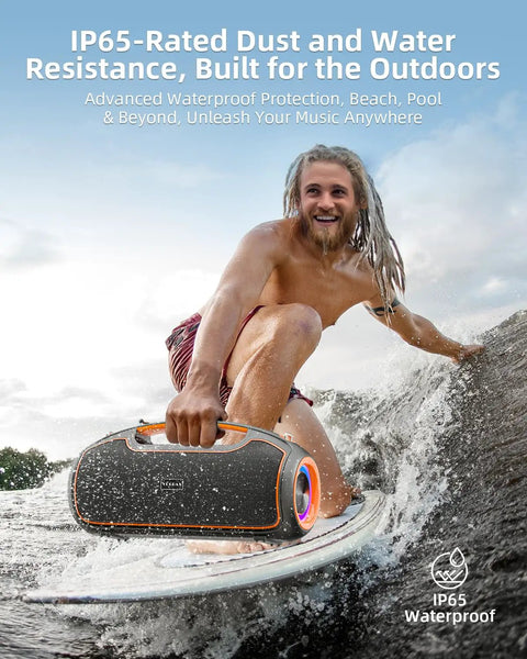 Portable Bluetooth Speaker For Outdoors With 200W Max Power And 120W Peak Output Deep Bass IP65 Waterproof shown in use.