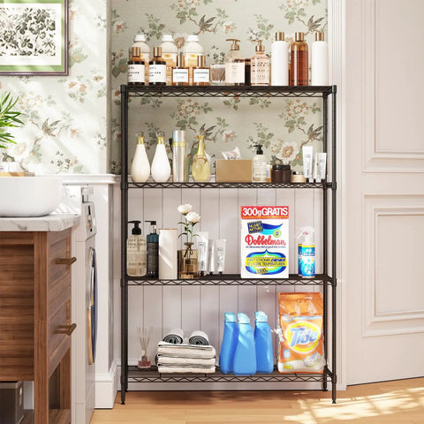 Built Like A Tank 4 Tier Wire Shelving Rack Crushing Clutter With Adjustable Spacing Storage Organizer For Garage And Kitchen Pantry 800 Lb Capacity 35 By 13 By 53 Inches Black Metal Shelf in a bathroom setting.