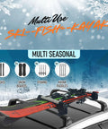 Premium Heavy Duty All Season Vehicle Roof Rack System Built For Fast Hauling And Rock Solid Hold On Winter Skis Snowboards Summer Paddles Fishing Rods And Gear with skis and kayak paddles loaded on a car roof.