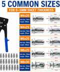Heavy Duty Fifty One Piece Flower Nuts Screws Kit With Metric M4 M5 M6 M8 Expansion Rivets and Quick Mount Tap Wrench, showing sizes and details for use.