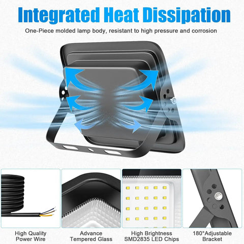 Integrated heat dissipation design for Two Pack 200W LED Flood Lights Outdoor Hella Bright 18000 Lumen Security Lighting.