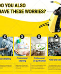 Heavy-Duty Steam Cleaner With Six Accessories For Deep Cleaning Floors, Grills, Autos And Home Surfaces High Pressure Washer on a yellow background, addressing cleaning challenges.