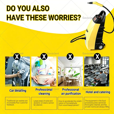 Gavscient Multi Use High Pressure Continuous Steam Cleaner For Home And Car displayed with concerns for cleaning surfaces for detailing and catering.