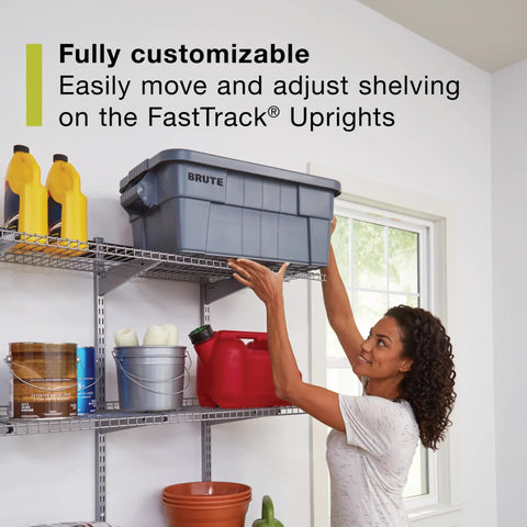 Customizable Wall Shelving System With Adjustable Hooks And Heavy Duty Rails For Garage Or Workshop Storage No Sweat Assembly Rock Solid 350 Lbs Per Shelf Capacity, woman adjusting gray storage bin on wall-mounted shelves.