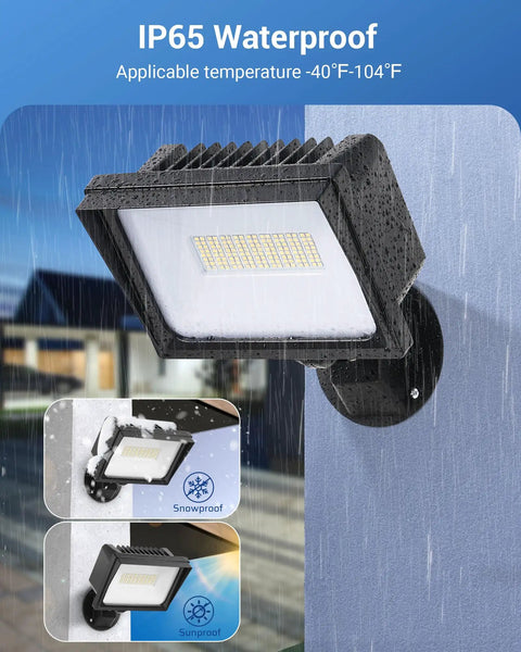 Next-Level 65W Outdoor Security Flood Light Featuring Tough Ip65 Waterproof Housing, mounted on a wall with rain.