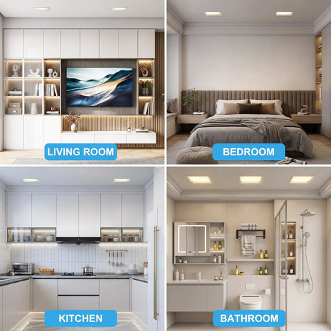 HITOO 8 Inch Square Recessed Ceiling Light, 3CCT, Dimmable, White, 2 Pack installed in living room, bedroom, kitchen, and bathroom.