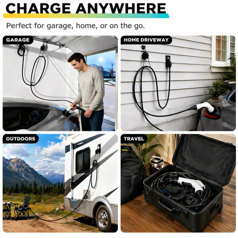 Premium EV Charger Cable Organizer Featuring Slick Retractable Cord Reel For A Clean Garage Vibe Ceiling Or Wall Mount Fits Tesla And Universal Level 2 EV Charging Cords Heavy Duty Rock Solid Game Changer Setup in garage and outdoor settings.