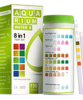 Solid 8 In 1 Aquarium Test Kit For Freshwater And Saltwater Features 150 Fast Snap Checks For pH Ammonia Nitrogen Free Chlorine And Hardness To Keep Your Fish Tank Running Smoothly with test strips and color chart.