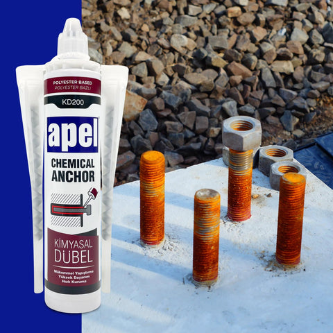 Two Component Polyester Based Concrete Anchor With Solvent Free Acrylic High Performance Adhesive next to installed bolts on concrete.