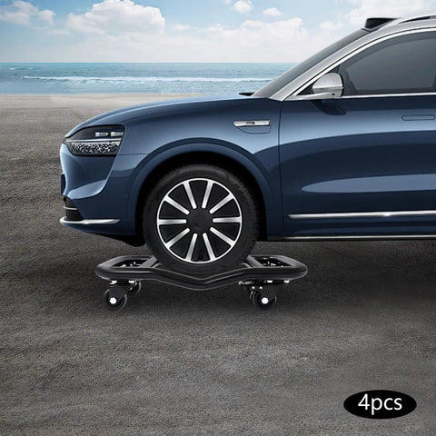 Heavy Duty Car Wheel Dollies Set Of 4, Rock Solid 6000 Lbs Steel Tire Skates, vehicle on dolly at beach.