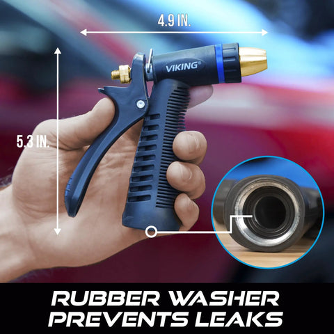 Side view of Heavy Duty Adjustable Garden Hose Nozzle with measurements and rubber washer detail for leak prevention.